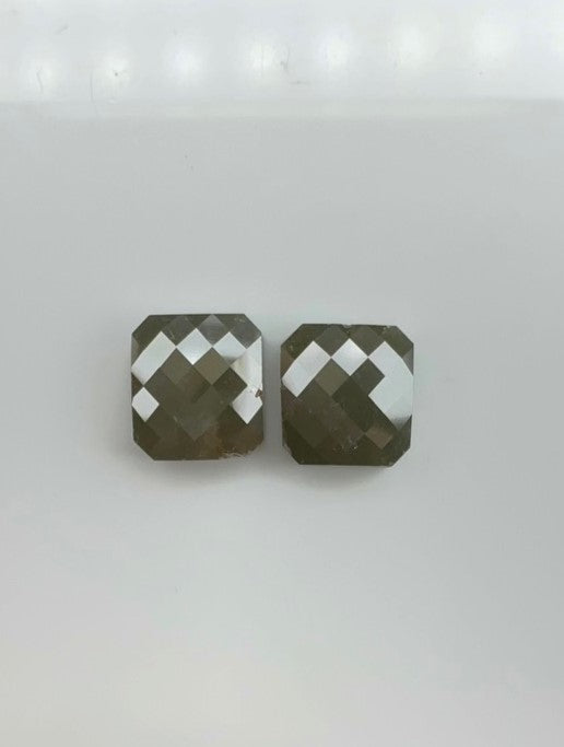 Pair Of Emerald Cut Rustic Opaque Army Green Diamond Checkerboard Rose Cuts - 2.68cts - 01672