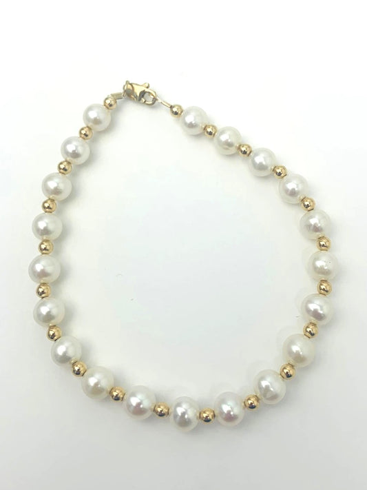White Pearl and Gold Bead Bracelet in 14KY - BRC-002-CRDPRL-14Y-WH-7.25