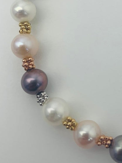 White, Pink, and Purple Pearl and Gold Rondelle Bracelet in 14K - BRC-003-CRDPRL-14M-MLTI