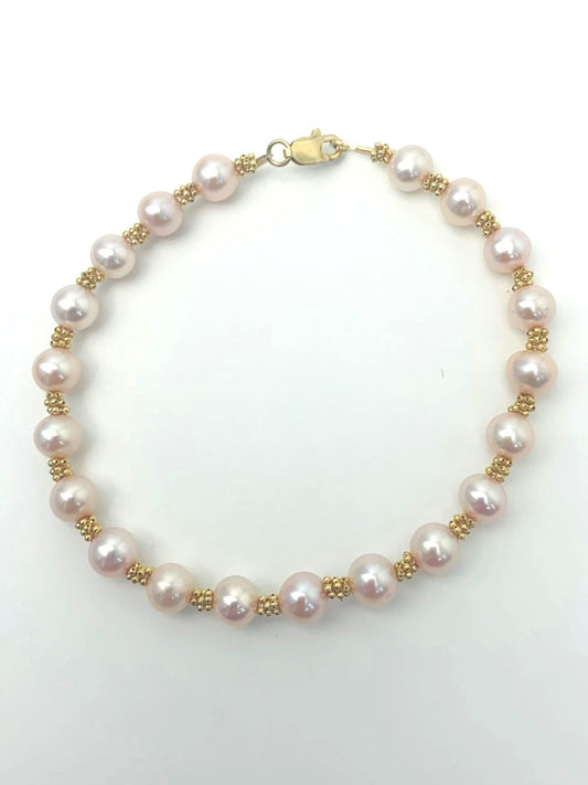 Pink Pearl and Rondelle Bracelet in 14KY - BRC-003-CRDPRL-14Y-PK