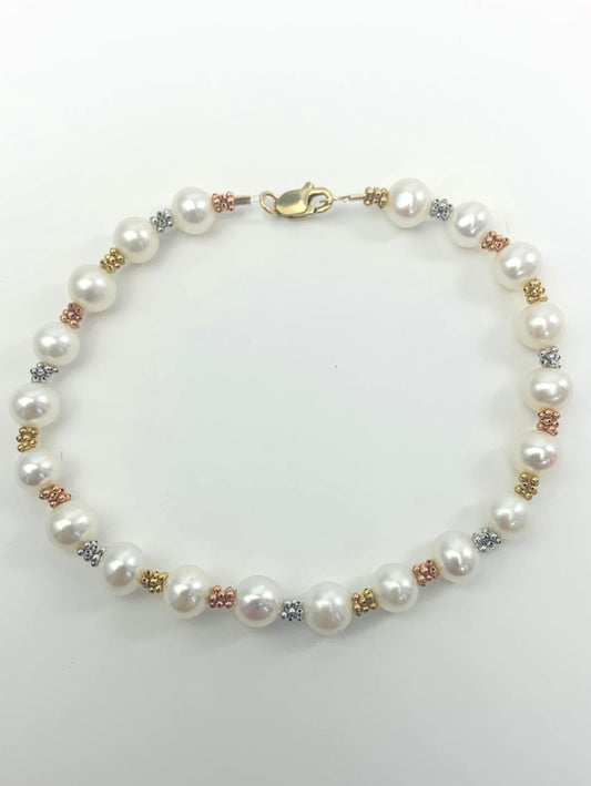 White Pearl and Gold Rondelle Bracelet in 14K - BRC-003-CRDPRL-14M-WH-7