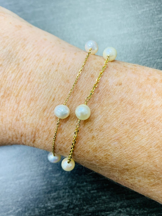 White Pearl Station Bracelet in 14KY - BRC-005-TNCPRL-14Y-WH