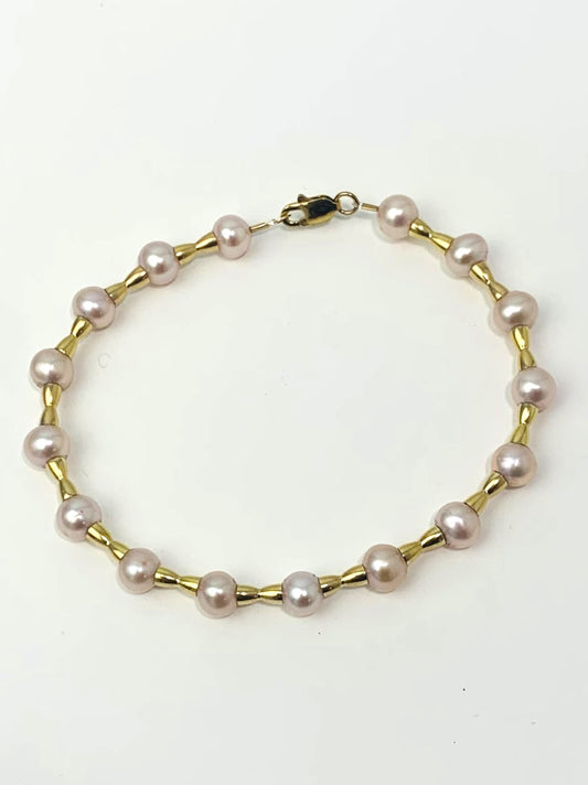 7" Pink Freshwater Cultured Pearl Bracelet With Yellow Gold Beads in 14KY - BRC-014-CRDPRL14Y-PK-7