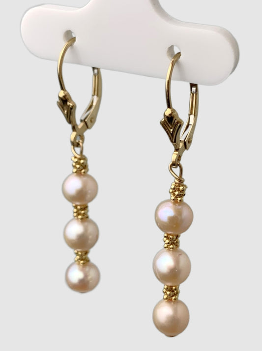 Pink Pearl and Rondelle Drop Earrings in 14KY - EAR-015-WIREPRL14Y-PK