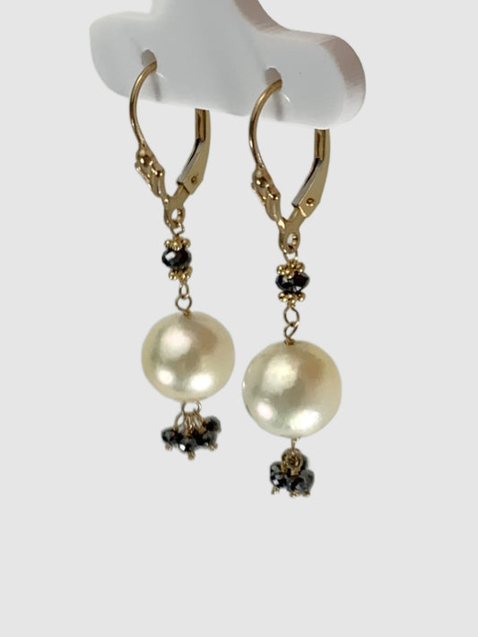 Pearl and Black Diamond Tassel Drop Earrings in 14KY - EAR-024-TSPRLDIA14Y-WHBLK 1.10ctw