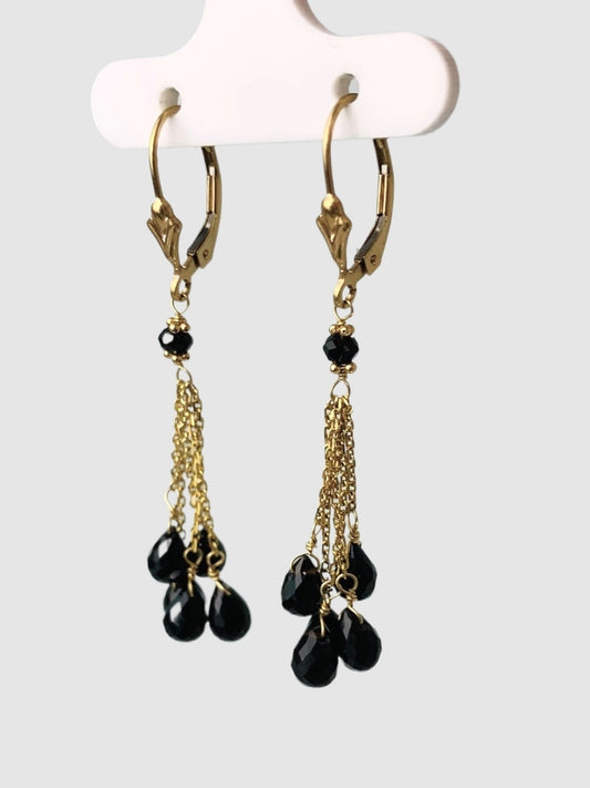 Onyx 5 Stone Tassel Earrings in 14KY - EAR-028-5DTSGM14Y-OX