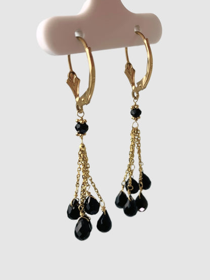 Onyx 5 Stone Tassel Earrings in 14KY - EAR-028-5DTSGM14Y-OX