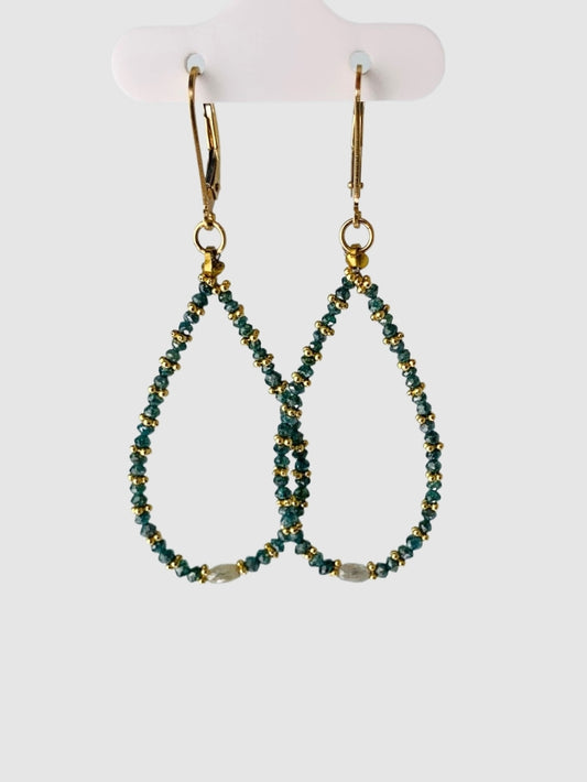 Teal Diamond Pear Drop Earrings With Gold Rondelles And Grey Diamond Accents in 14KY - EAR-088-PRDRPDIA14Y-GRNGRY 6.40ctw