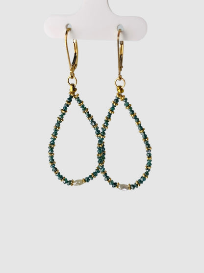 Teal Diamond Pear Drop Earrings With Gold Rondelles And Grey Diamond Accents in 14KY - EAR-088-PRDRPDIA14Y-GRNGRY 6.40ctw