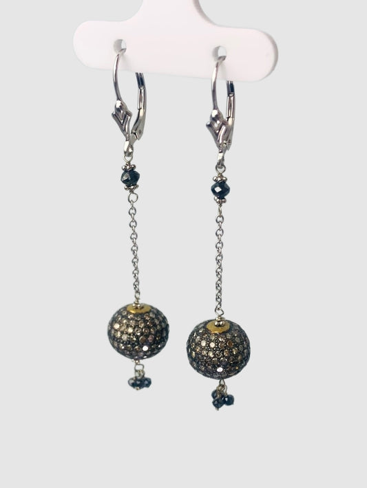 Antiqued Silver Pave Ball Drop Earring With Black Diamond Beads in 14KW, SS - EAR-124-DCODIA14WSS-BK