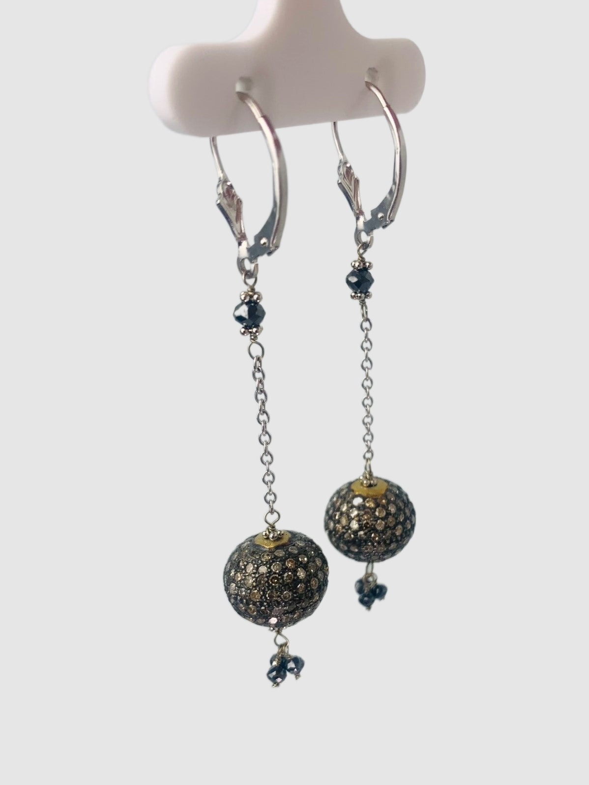 Antiqued Silver Pave Ball Drop Earring With Black Diamond Beads in 14KW, SS - EAR-124-DCODIA14WSS-BK