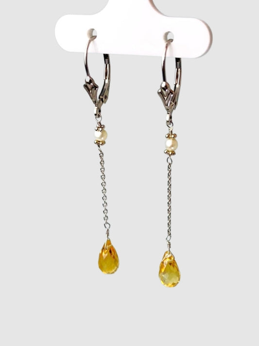 Citrine And Pearl 2 Station Drop Earrings in 14KW - EAR-137-DRPPRLGM14W-WHCIT