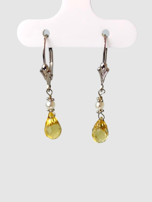 Citrine And Pearl 2 Station Rosary Drop Earrings in 14KW - EAR-138-DRPPRLGM14W-WHCIT
