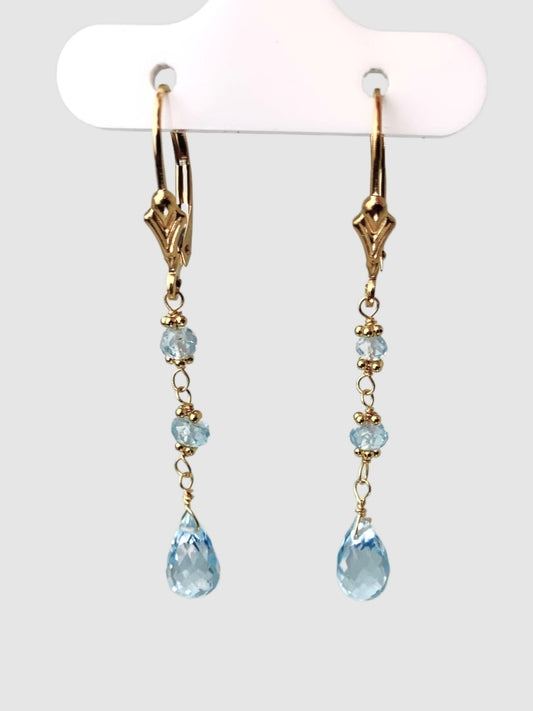 Blue Topaz 3 Stone Rosary Drop Earrings in 14KY - EAR-161-ROSDRPGM14Y-BT