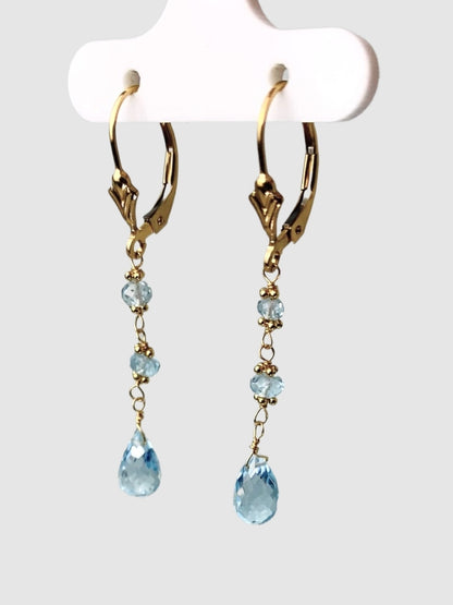 Blue Topaz 3 Stone Rosary Drop Earrings in 14KY - EAR-161-ROSDRPGM14Y-BT