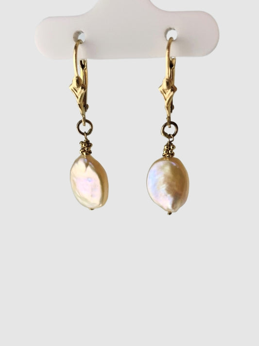 Peach Pearl Drop Earrings in 14KY - EAR-211-1DRPPRL14Y-PK