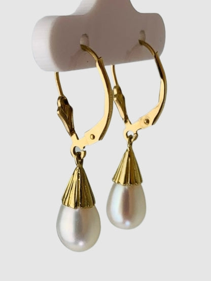 White Pearl Drop Earrings in 14KY - EAR-217-1DRPPRL14Y-WH