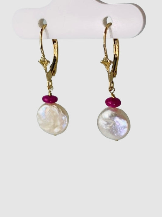 Coin Pearl And Ruby Drop Earrings in 14KY - EAR-235-1DRPPRLGM14Y-WHRBY