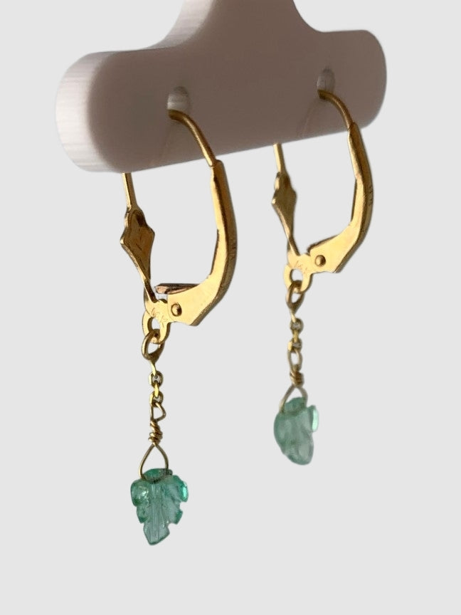 Emerald Leaf Drop Earrings in 14KY - EAR-251-1DRPGM14Y-EM