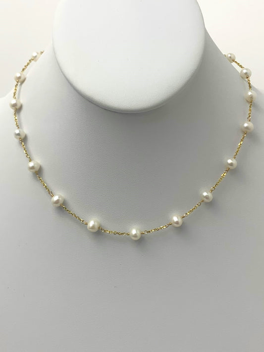 16" White Pearl Station Necklace in 14KY - NCK-039-TNCPR14Y-WH-16