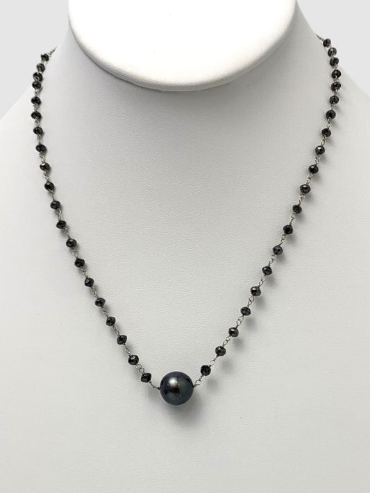 17" Black South Sea Pearl and Black Diamond Bead Rosary Necklace in 14KW - NCK-015-ROSPRLDIA14W-TAHBLK-17 8ctw