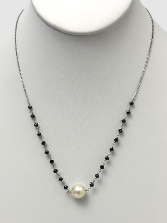 18" White Pearl and Black Diamond Rosary Necklace in 18KW - NCK-018-ROSPRLDIA18W-WHBLK-18 4ctw