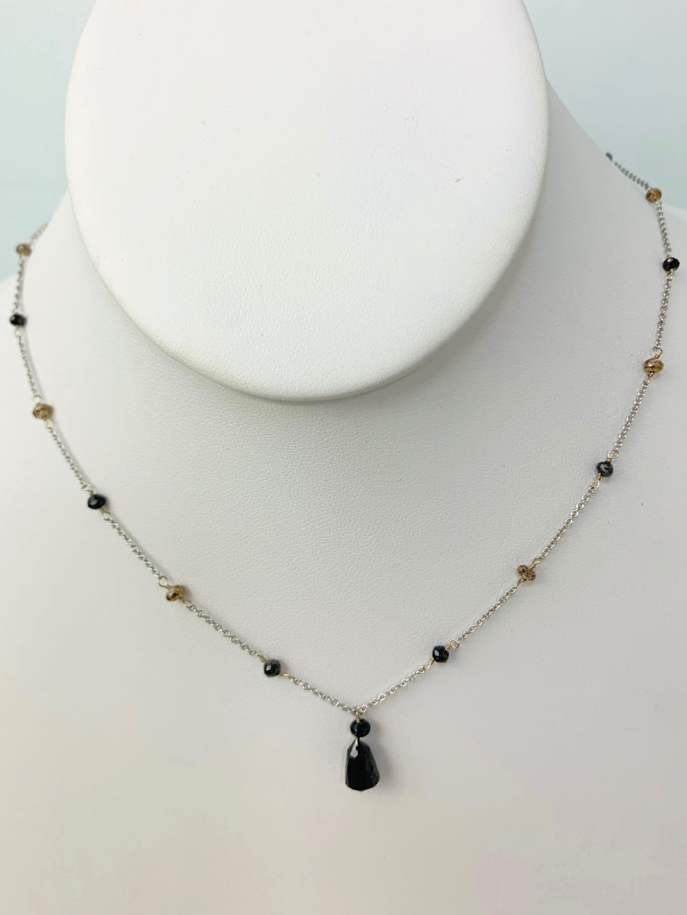 16" Black and Brown Diamond Station Necklace with Black Diamond Drop in Platinum - NCK-051-TNCDIAPLT-BLKBRN-16