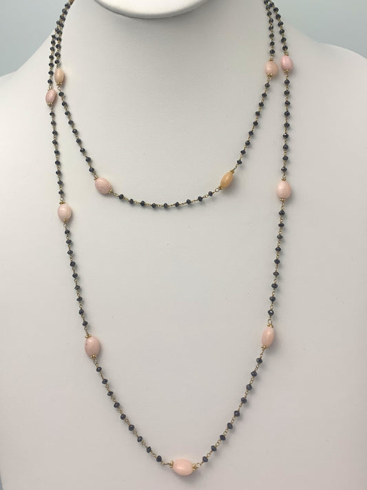 40" Pink Opal and Black Diamond 14 Station Rosary Necklace in 14KY - NCK-069-ROSDIAGM14Y-BLKPKO-40 11.60ctw