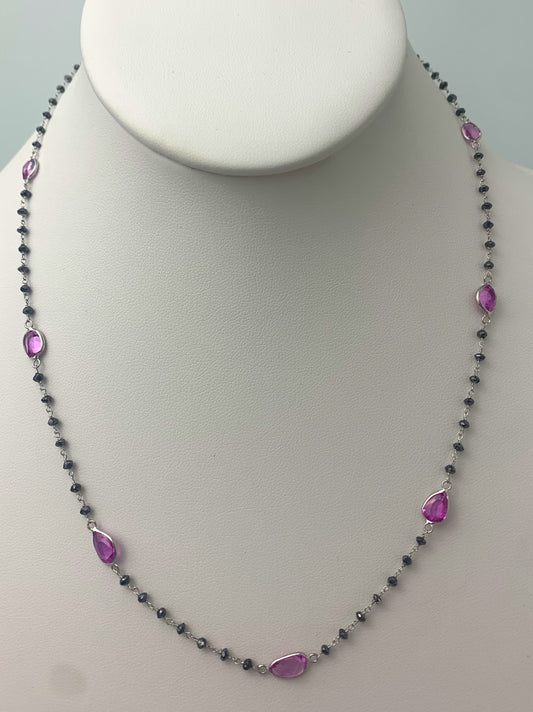 18" Pink Sapphire and Black Diamond Rosary Necklace in 14KW - NCK-073-ROSDIAGM14W-BLKPKS- 18