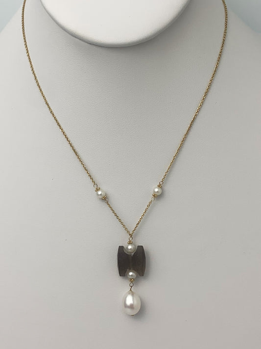 16" - 17" Pearl and Honey Quartz Drop Necklace in 14KY - NCK-086-DRPPRLGM14Y-WHHQ- 16