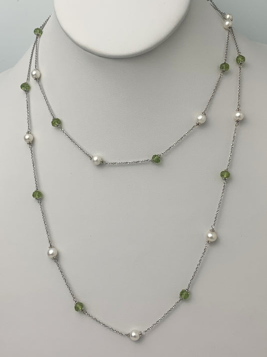 36" Pearl and Peridot Station Necklace in 14KW - NCK-087-TNCPRLGM14W-WHPER- 36