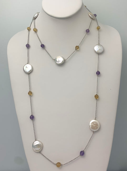 44" Pearl, Citrine and Amethyst Station Necklace in 14KW - NCK-090-TNCPRLGM14W-WHAMCT-44"