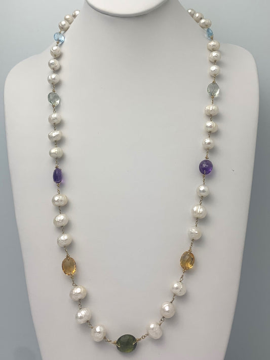 26" Multicolor Gemstone and Faceted Freshwater Pearl Rosary Necklace in 14KY - NCK-092-ROSPRLGM14Y-WHMLTI-26