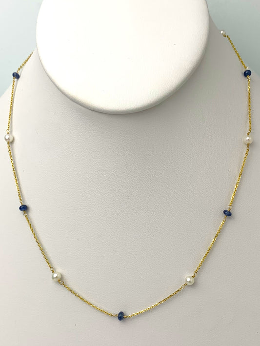 17" Blue Sapphire and Pearl Station Necklace in 14KY - NCK-094-TNCPRLGM14Y-WHBS-17