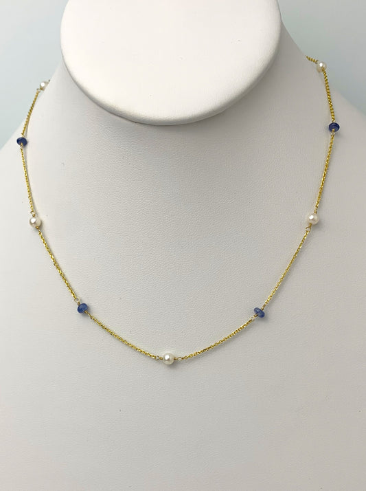 16" - 17"  Blue Sapphire and Pearl Station Necklace in 14KY - NCK-095-TNCPRLGM14Y-WHBS-16