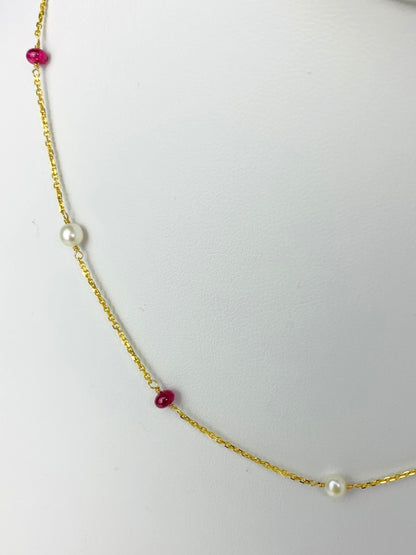 16"  Ruby and Pearl Station Necklace in 14KY - NCK-095-TNCPRLGM14Y-WHRBY-16