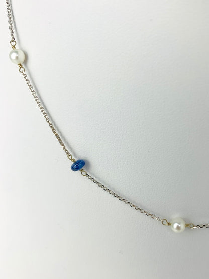 16" - 17"  Blue Sapphire and Pearl Station Necklace in 14KW - NCK-095-TNCPRLGM14W-WHBS-16