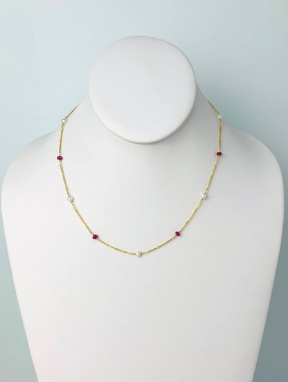 16"  Ruby and Pearl Station Necklace in 14KY - NCK-095-TNCPRLGM14Y-WHRBY-16