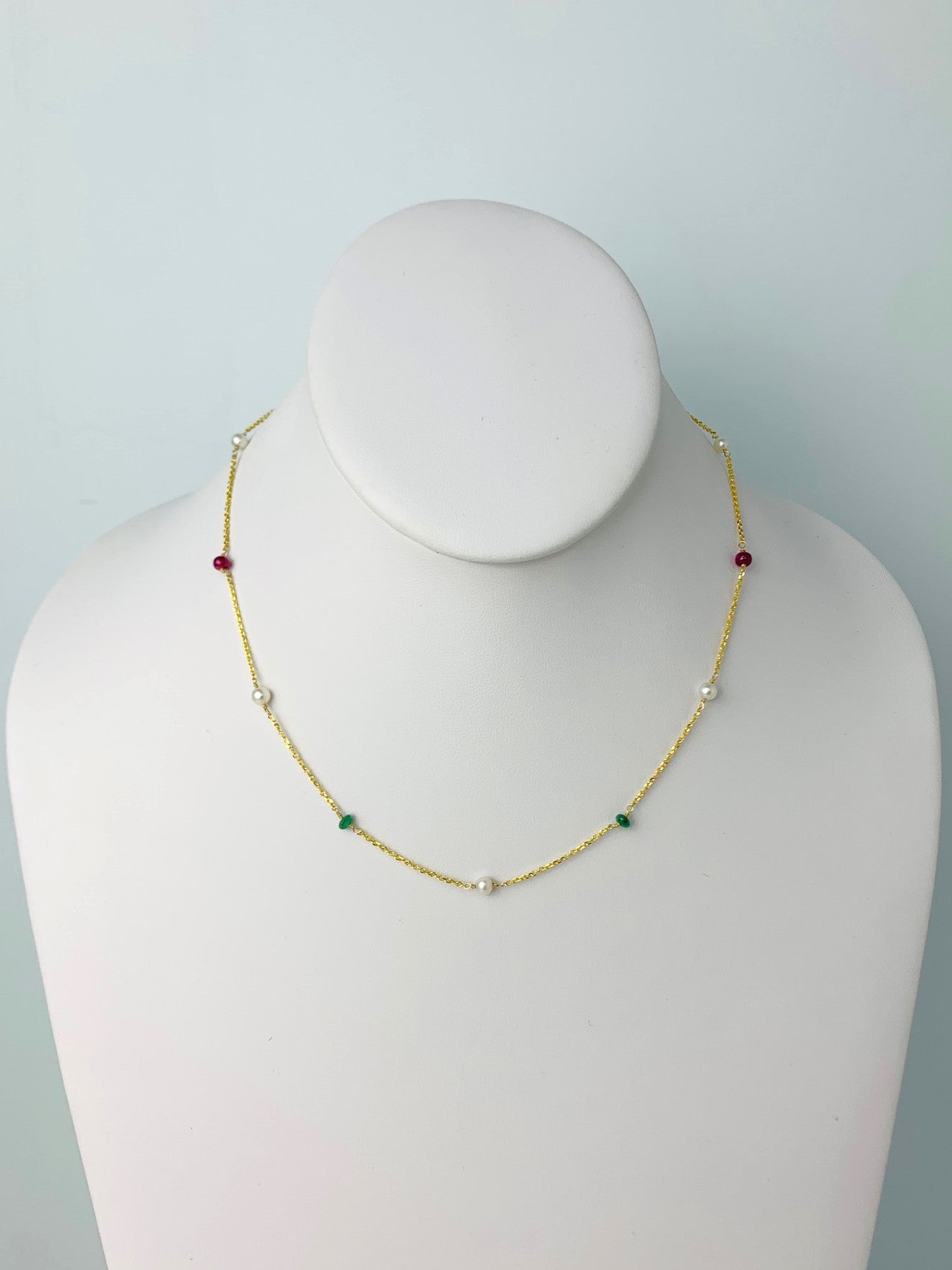 16" - 17"  Ruby, Blue Sapphire, Emerald and Pearl Station Necklace in 14KY - NCK-095-TNCPRLGM14Y-WHRES-16