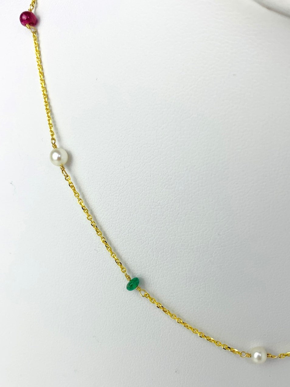 16" - 17"  Ruby, Blue Sapphire, Emerald and Pearl Station Necklace in 14KY - NCK-095-TNCPRLGM14Y-WHRES-16