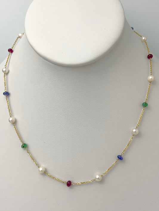 17" - 18"  Ruby, Emerald, Sapphire, and Pearl Station Necklace in 14KY - NCK-097-TNCPRLGM14Y-WHMLTI-17
