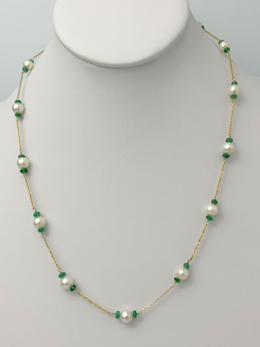 20" Emerald and Pearl Station Necklace in 14KY - NCK-098-TNCPRLGM14Y-WHEM-20