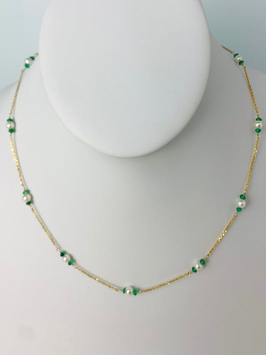 17"-18" Emerald and Pearl Station Necklace in 14KY - NCK-098-TNCPRLGM14Y-WHEM-18