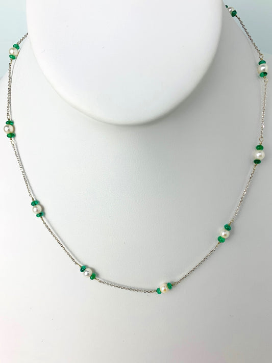 17" Emerald and Pearl Station Necklace in 14KW - NCK-098-TNCPRLGM14W-WHEM-17