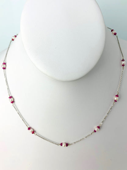 17" Ruby and Pearl Station Necklace in 14KW - NCK-098-TNCPRLGM14W-WHRBY-17