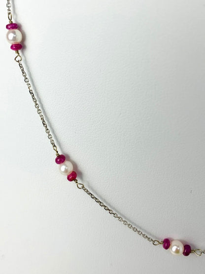 17" Ruby and Pearl Station Necklace in 14KW - NCK-098-TNCPRLGM14W-WHRBY-17
