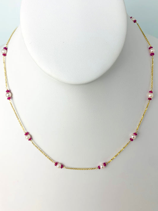 17" Ruby and Pearl Station Necklace in 14KY - NCK-098-TNCPRLGM14Y-WHRBY-17