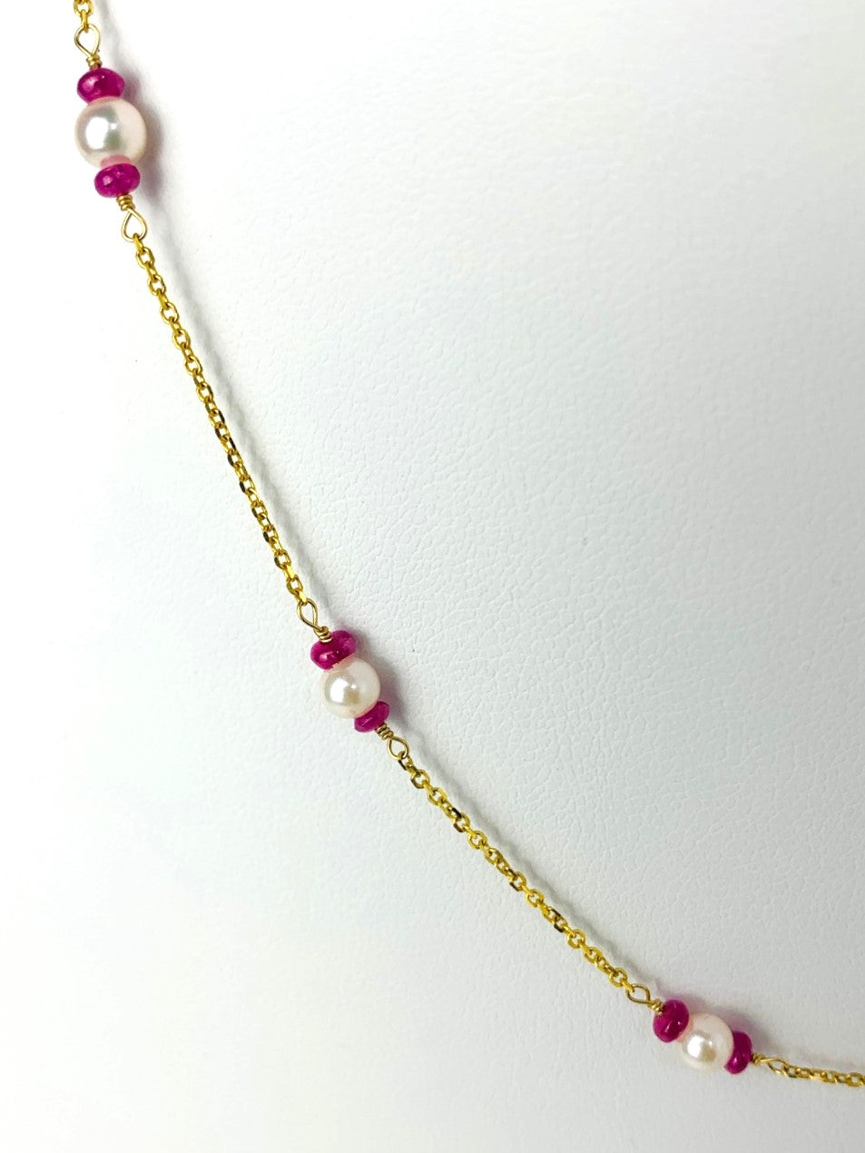 17" Ruby and Pearl Station Necklace in 14KY - NCK-098-TNCPRLGM14Y-WHRBY-17