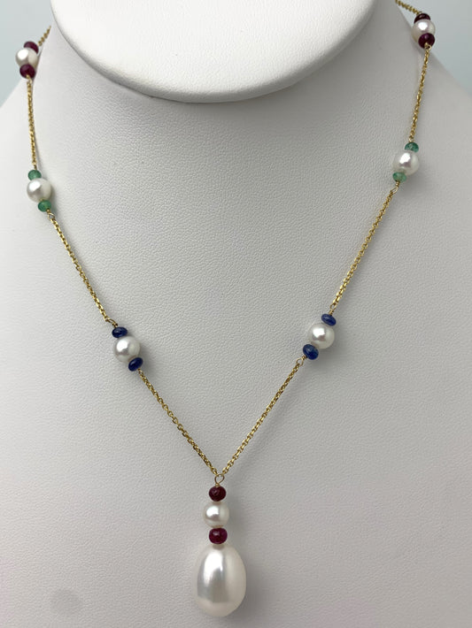 15" Ruby, Sapphire, Emerald and Pearl Drop Necklace with Stations in 14KY -  NCK-099-DRPPRLGM14Y-WHMLTI-15