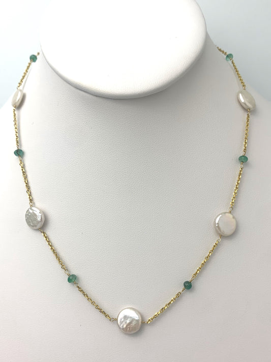 17" Emerald and Coin Pearl Station Necklace in 14KY - NCK-100-TNCPRLGM14Y-WHEM-17